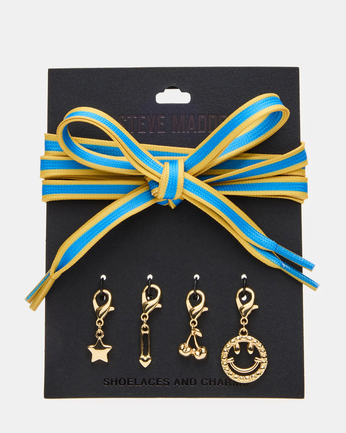 SHOE LACES AND CHARMS Blue/Yellow Bow Lace Cherry & Smiley Face Heart Charms Shoe Accessory | Steve Madden
