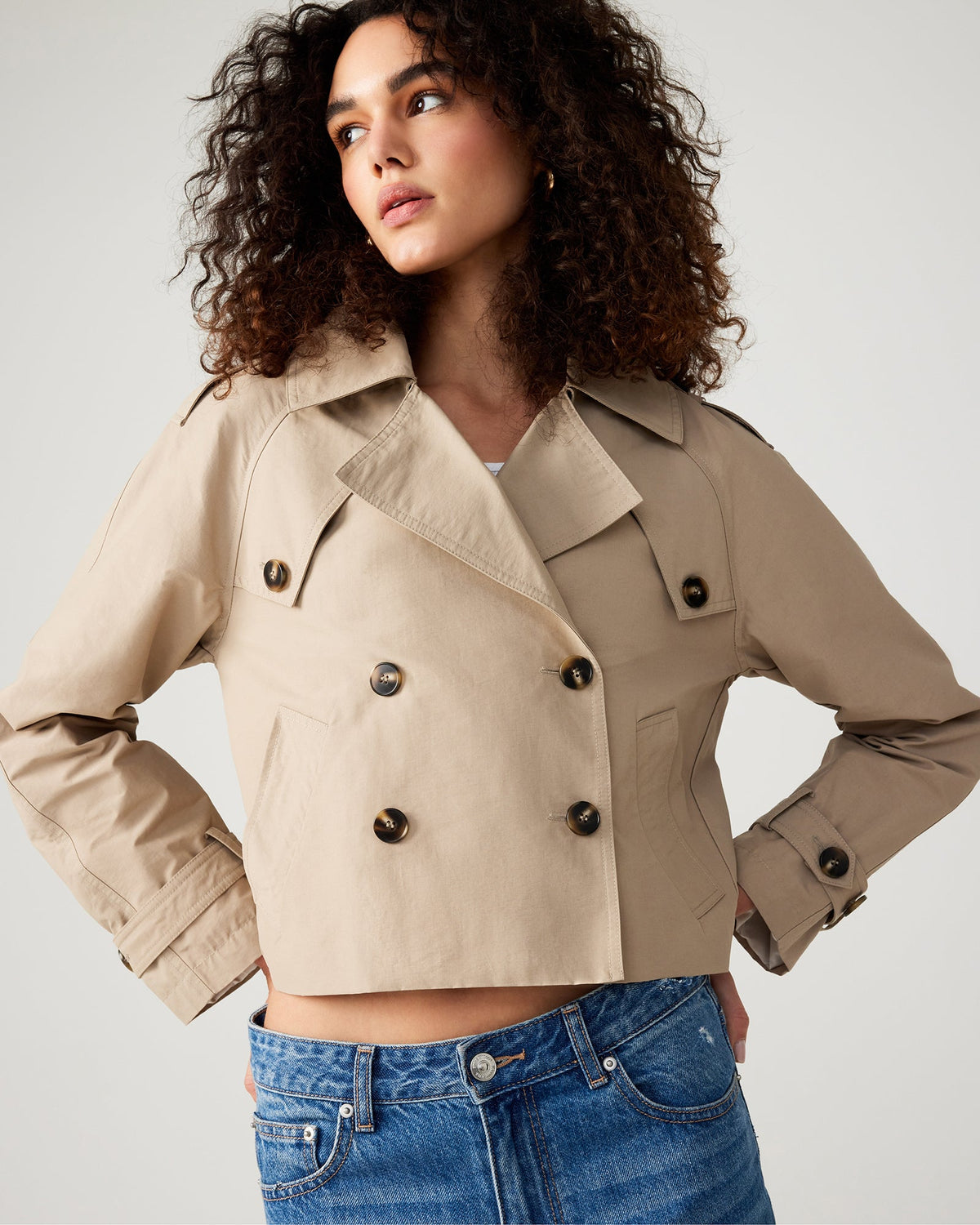 SIRUS Khaki Women's Cropped Denim Trench Coat | Steve Madden