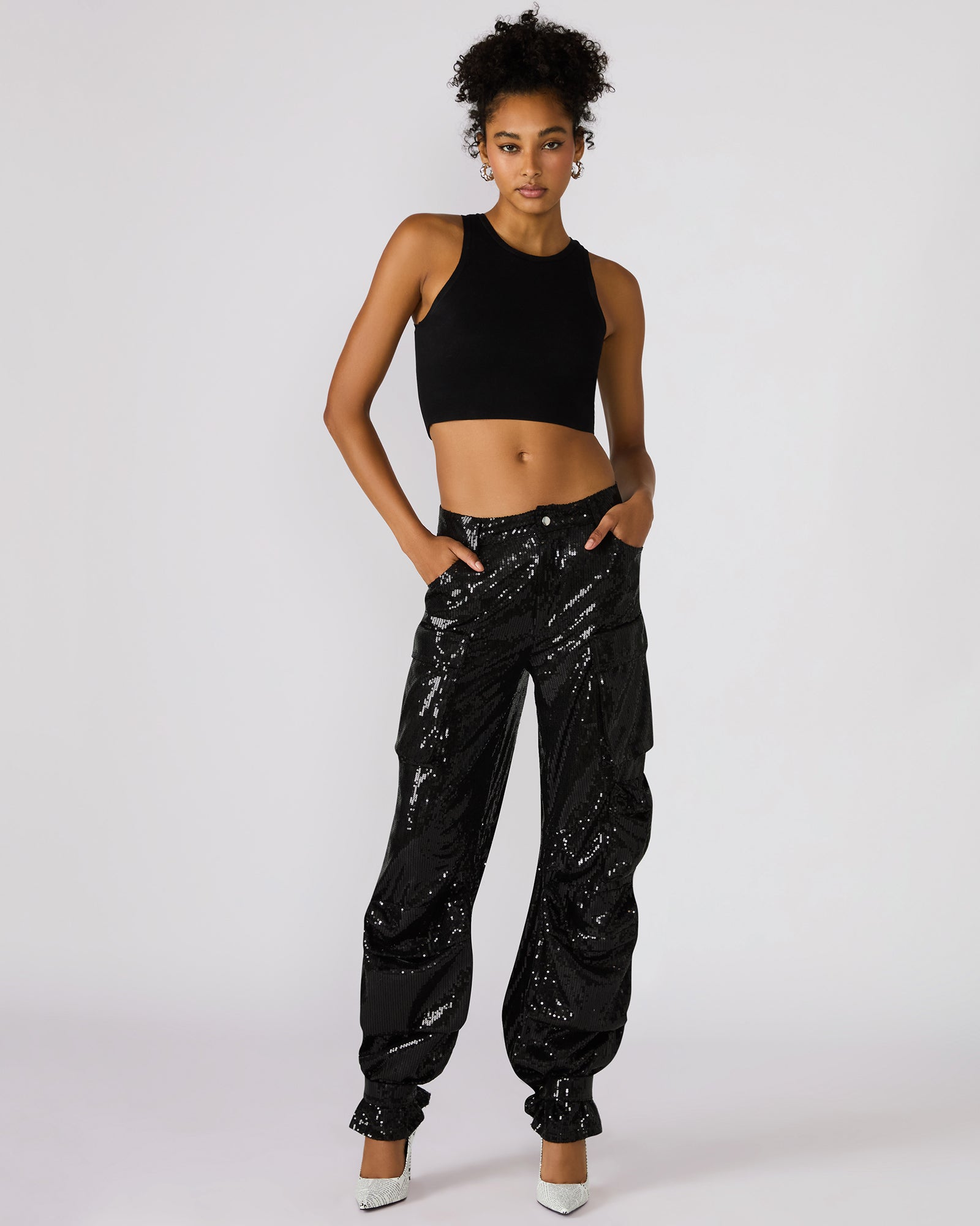 DUO Black Sequin Women's Utility Cargo Pants | Steve Madden