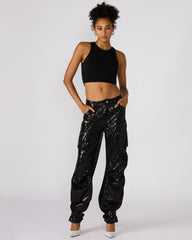 DUO Black Sequin Women's Utility Cargo Pants | Steve Madden