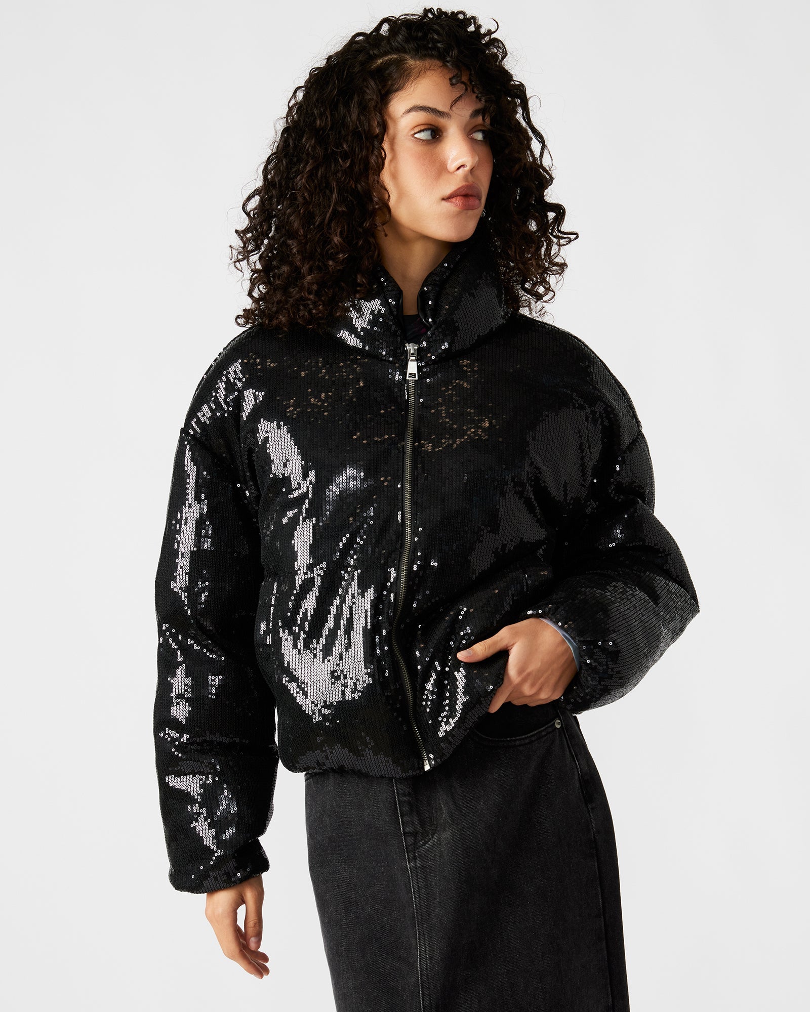 STRATTO Jacket Black | Women's Sequin Long-Sleeved Puffer Jacket | Steve Madden