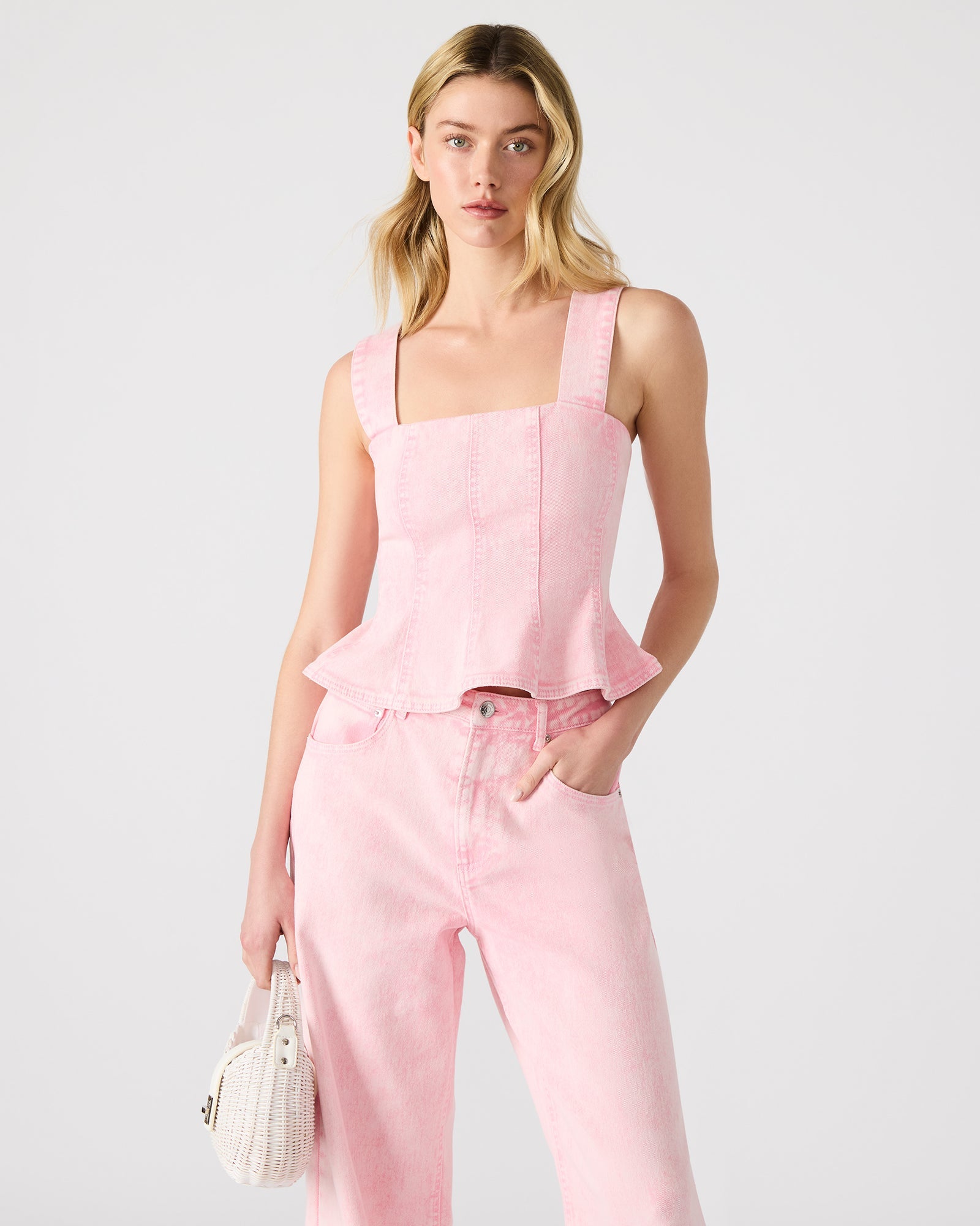 PENELOPI Denim Ruffle Fabric Women's Tank Top | Steve Madden