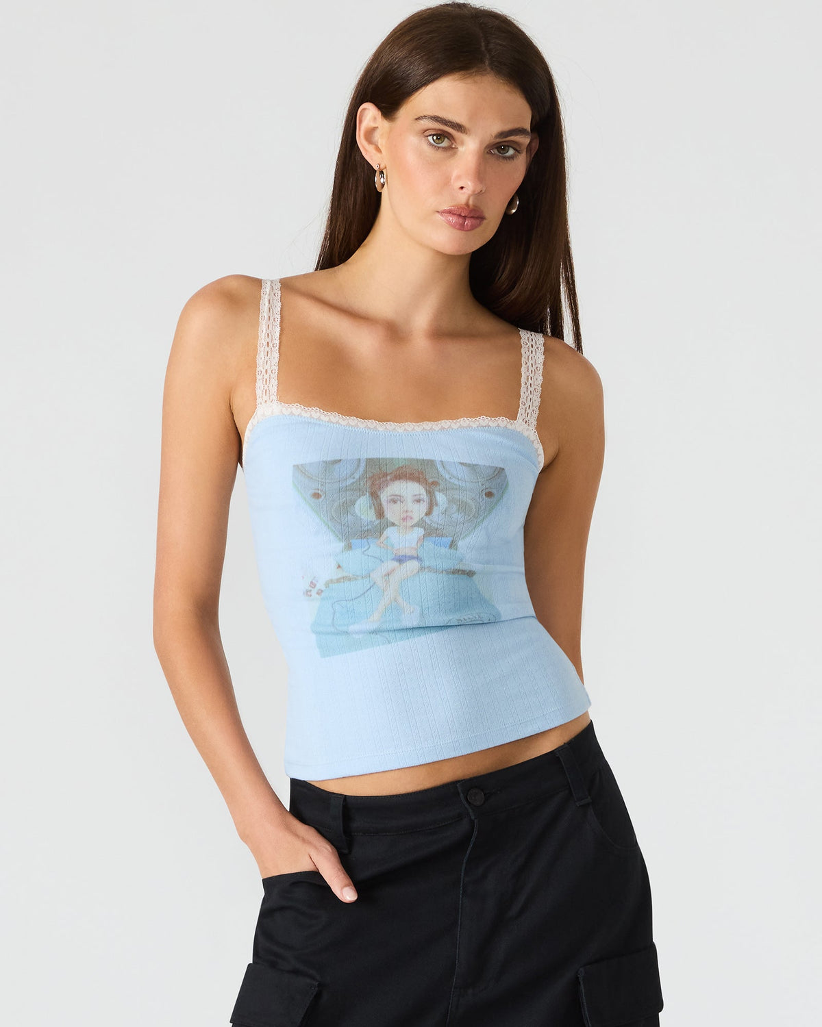 LOVE GOLDIE Surf Blue Lace Trim Sleeveless Graphic Women's Tank Top | Steve Madden