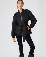ERYN Black Long-Sleeved Puffer Belted Zip-Up Women's Jacket | Steve Madden