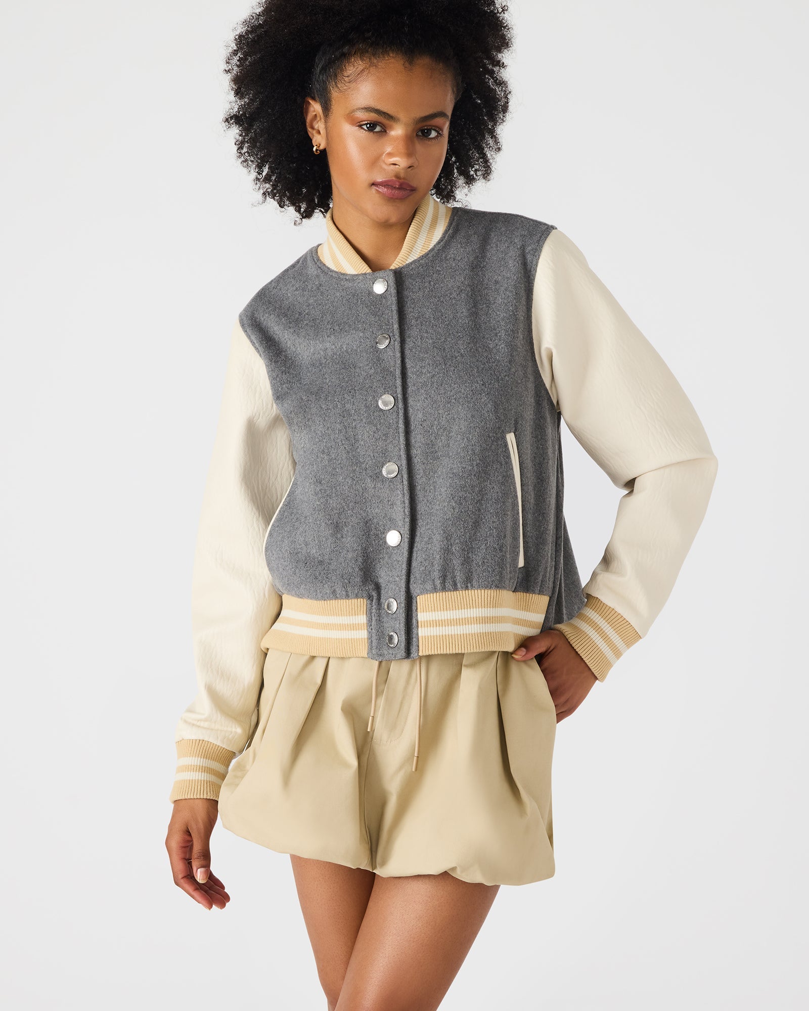 ROONEY Heather Grey Long-Sleeved Varsity Bomber Women's Jacket | Steve Madden