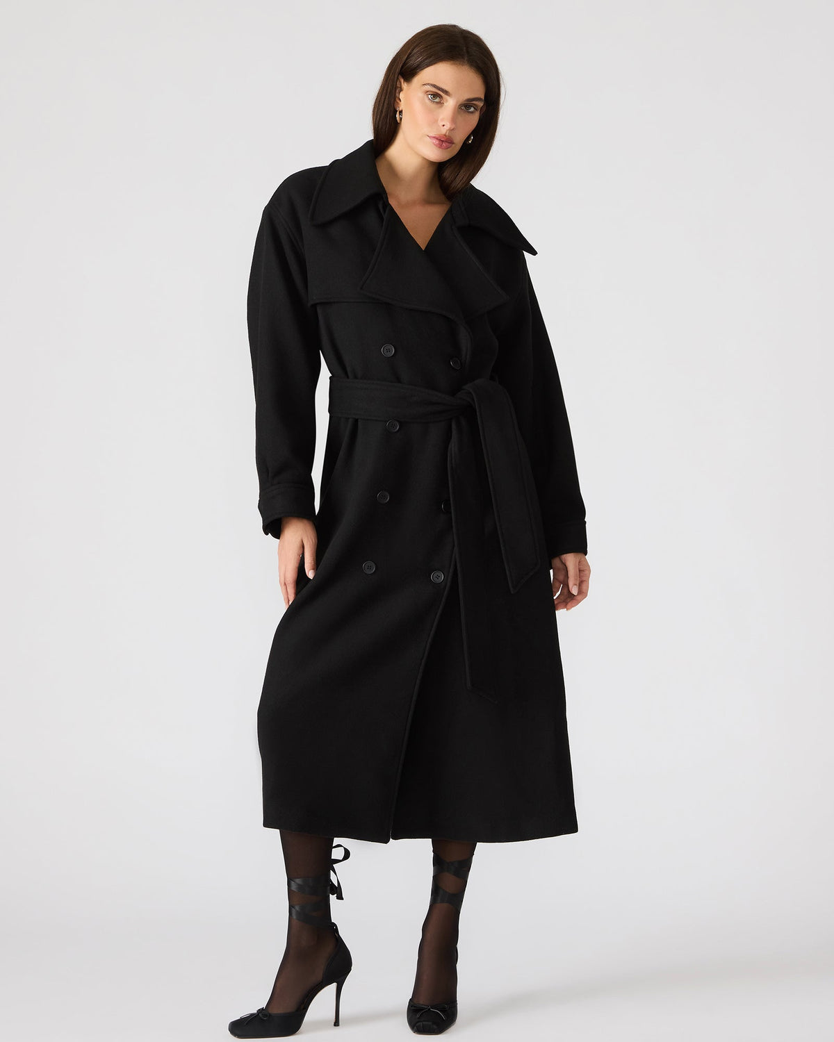 ENORA Black Long-Sleeved Button-Up Collared Women's Trench Coat | Steve Madden