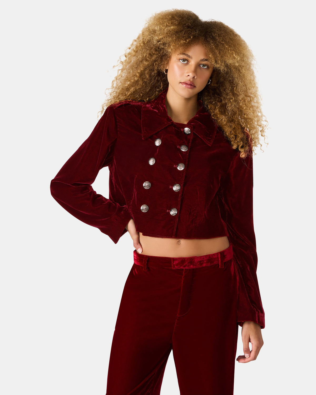 TONIA Red Velvet Button-Up Long-Sleeved Women's Blazer Jacket | Steve Madden