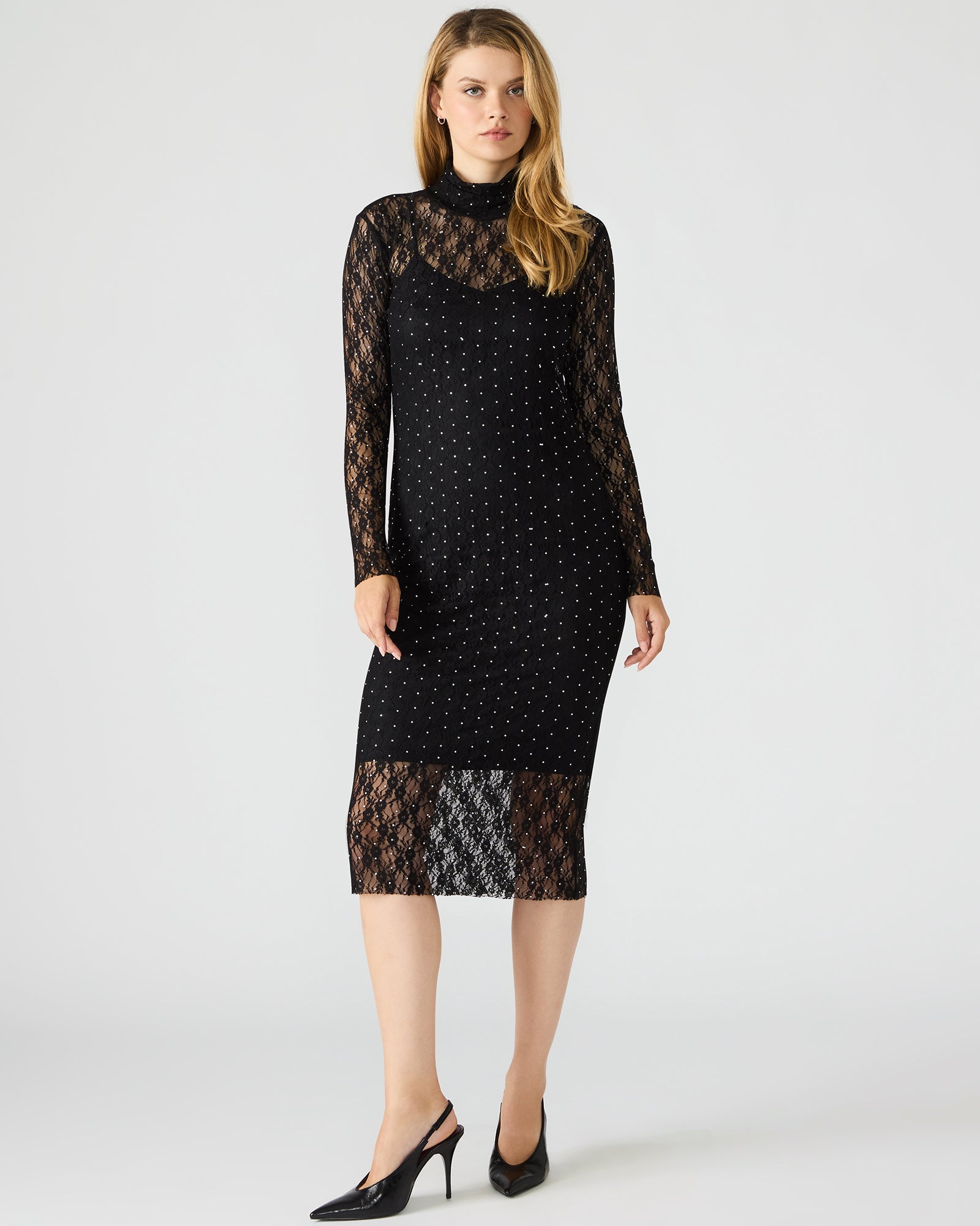 VIVIENNE Black Studded Lace Women's Mock Neck Midi Dress | Steve Madden