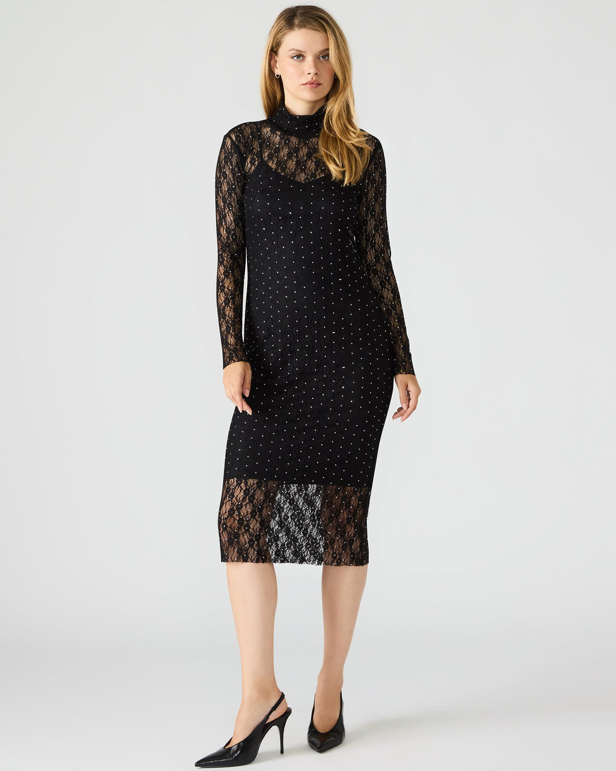 VIVIENNE Black Studded Lace Women's Mock Neck Midi Dress | Steve Madden