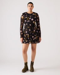 BLISS Black Ditsy Floral Long-Sleeved Floral Print Mesh Sheer Mini Women's Dress | Steve Madden