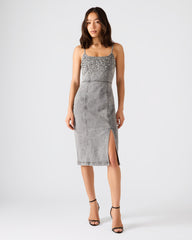 EMBELLISHED GISELLE Fog Denim Midi Women's Dress with Slit | Steve Madden