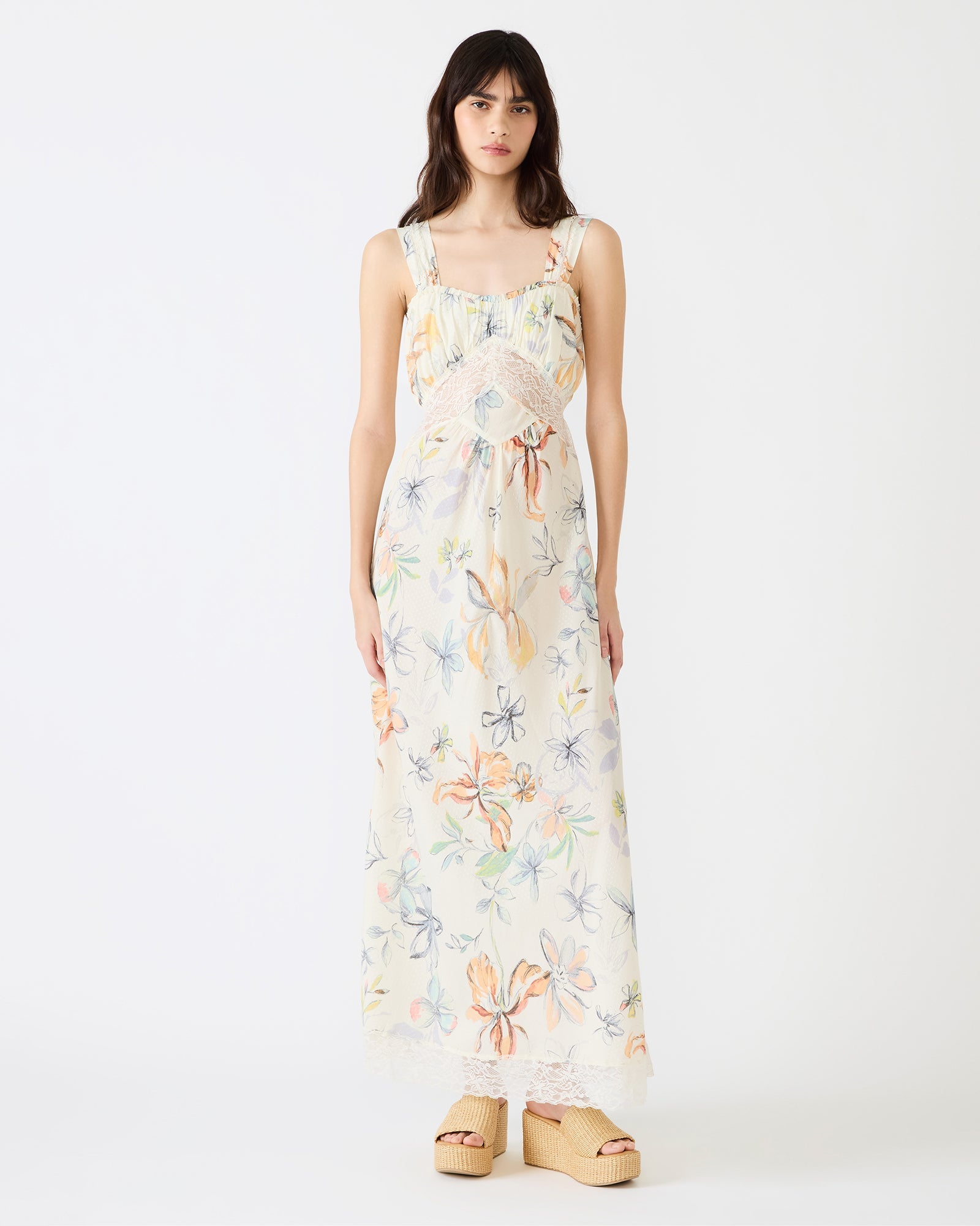 ALEXUS Vintage Ivory Flowy Lace Trim Flowy Women's Maxi Dress | Steve Madden