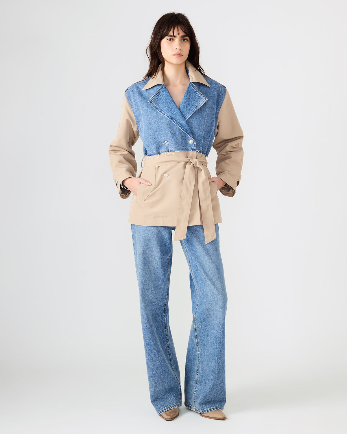 SHYLA Denim Multi Long-Sleeved Denim Khaki Button-Up Tie-Front Women's Coat | Steve Madden