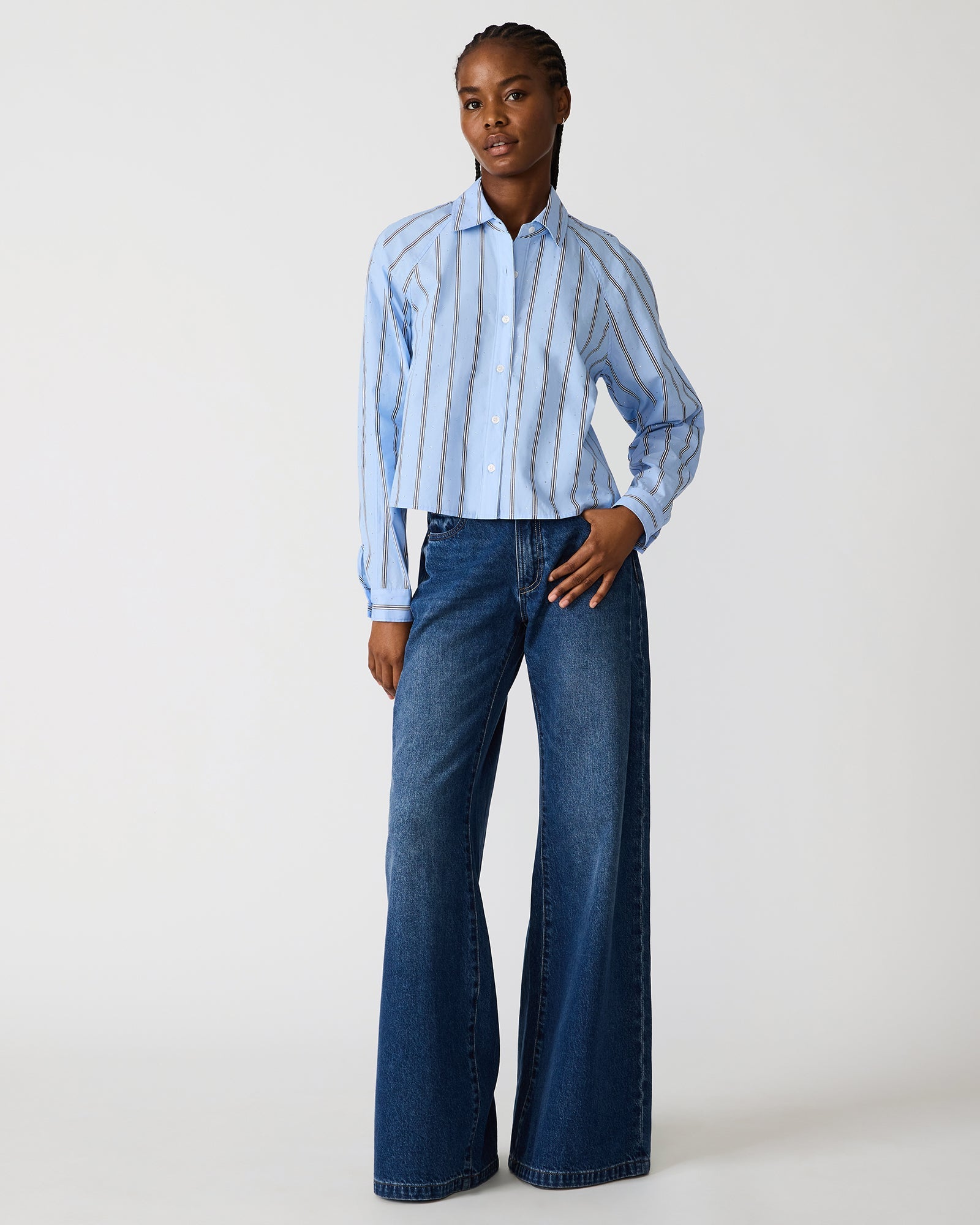 TESS Estate Blue Long-Sleeved Button-Up Women's Top | Steve Madden