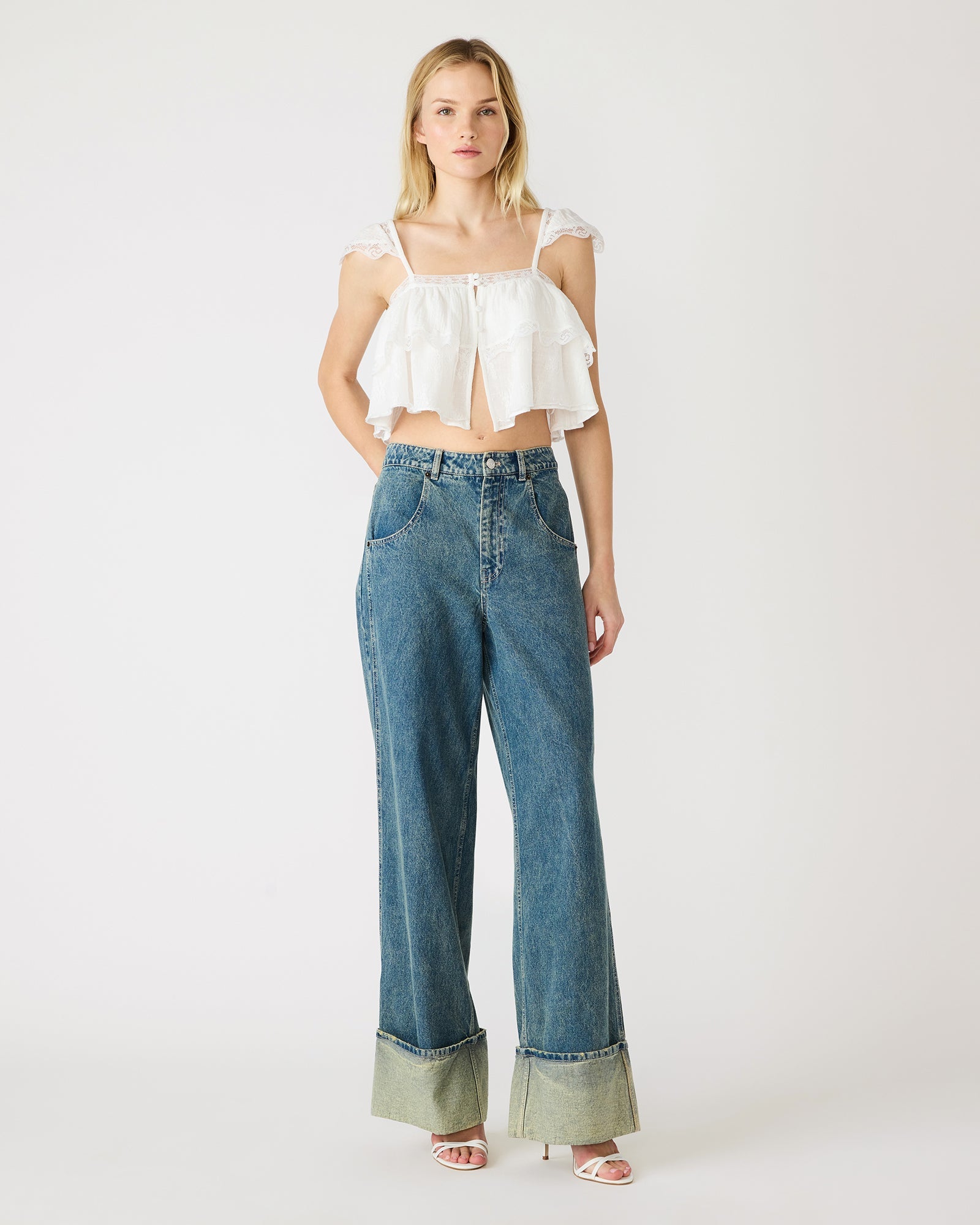 LETA Snow White Lace Ruffle Cropped Women's Top | Steve Madden