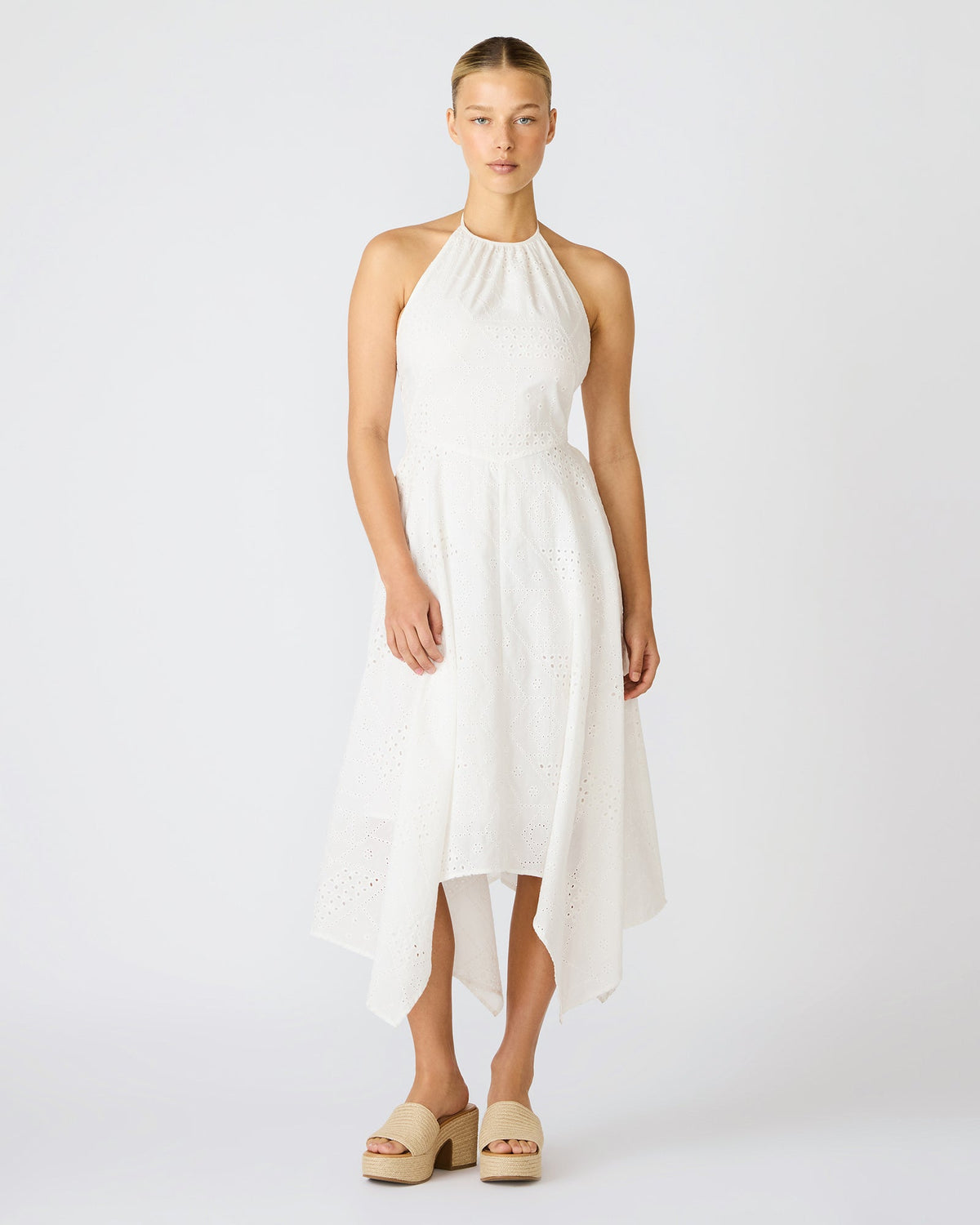 DALINA Birch White Eyelet Halter Women's Midi Dress | Steve Madden
