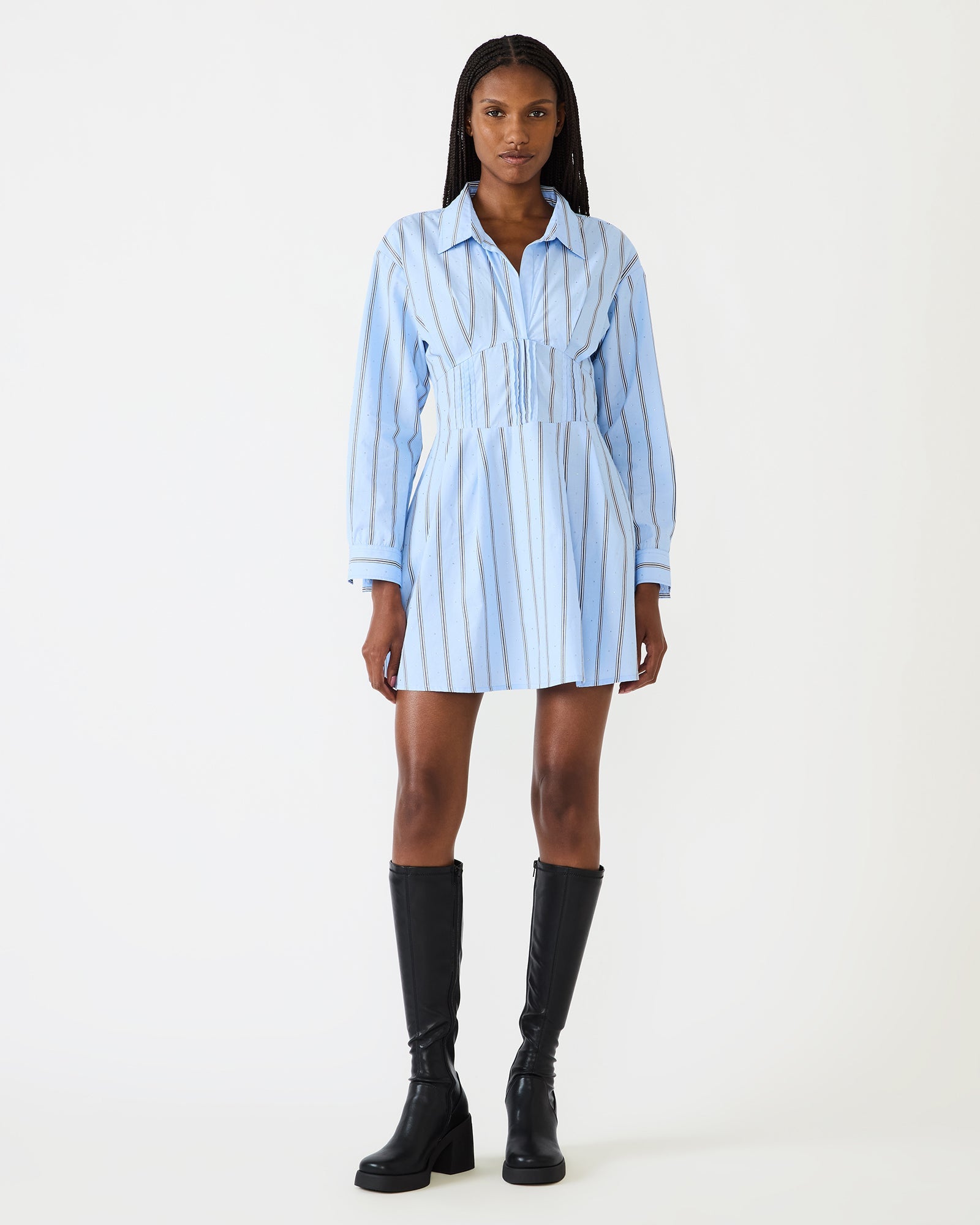 ARIANY Estate Blue Long-Sleeved Collared Neckline Women's Dress | Steve Madden