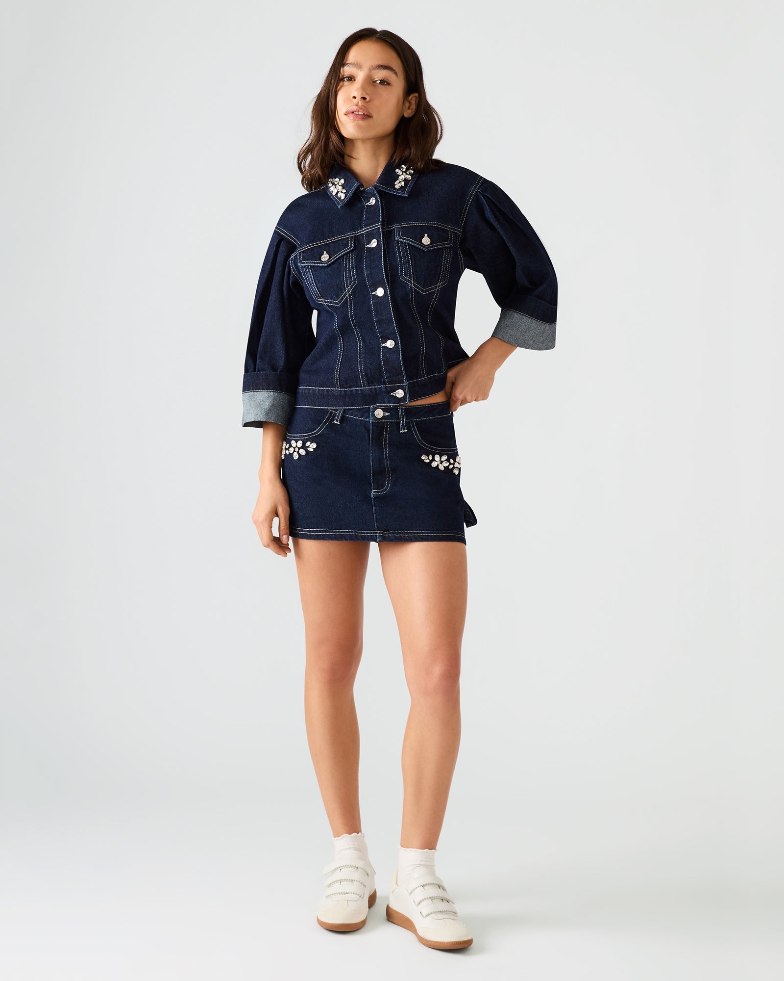 BRIELLIA Bijou Blue Denim Rhinestone Embellished Mini Women's Skirt | Steve Madden