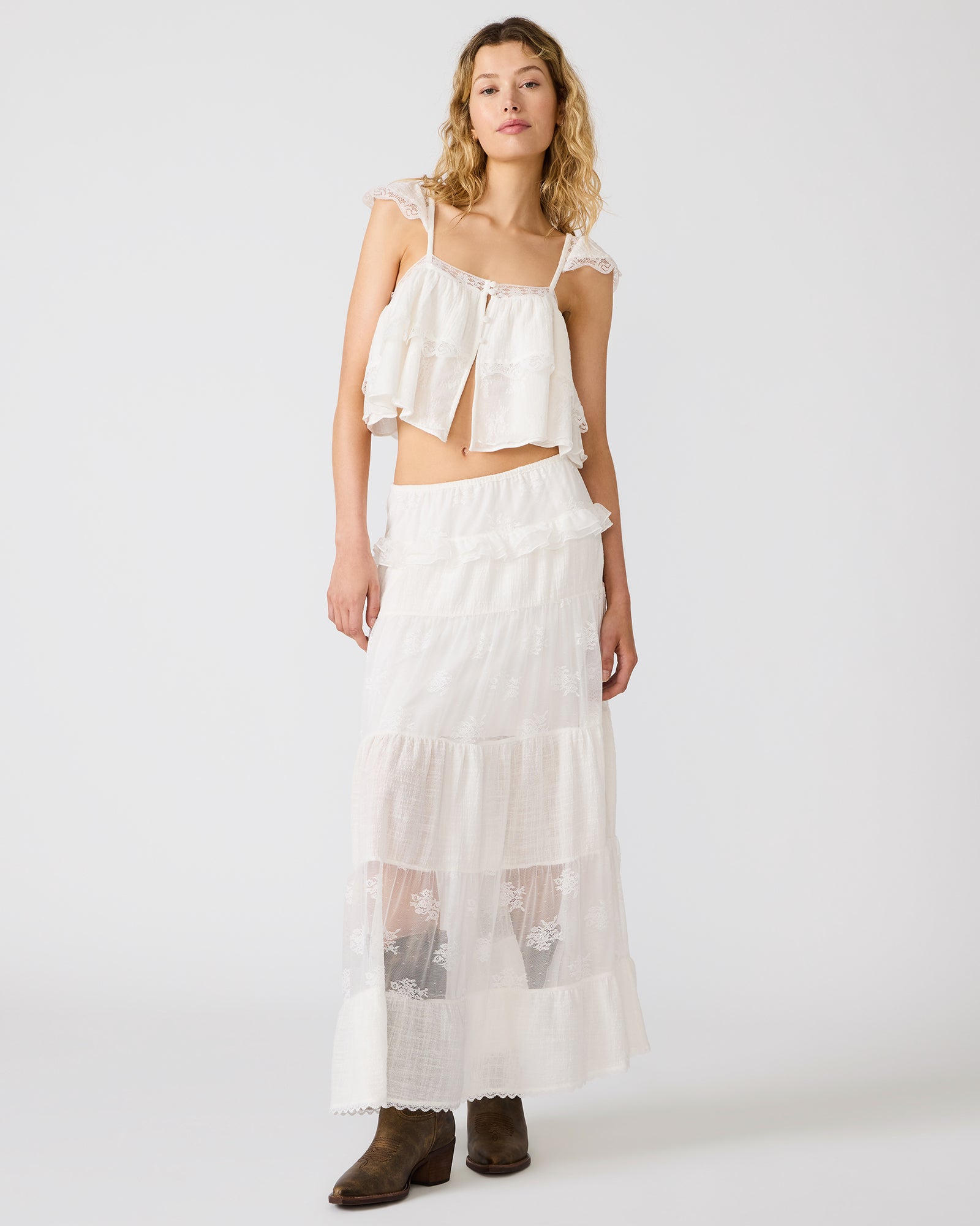 TARRYN Snow White Lace Ruffles Women's Maxi Skirt | Steve Madden