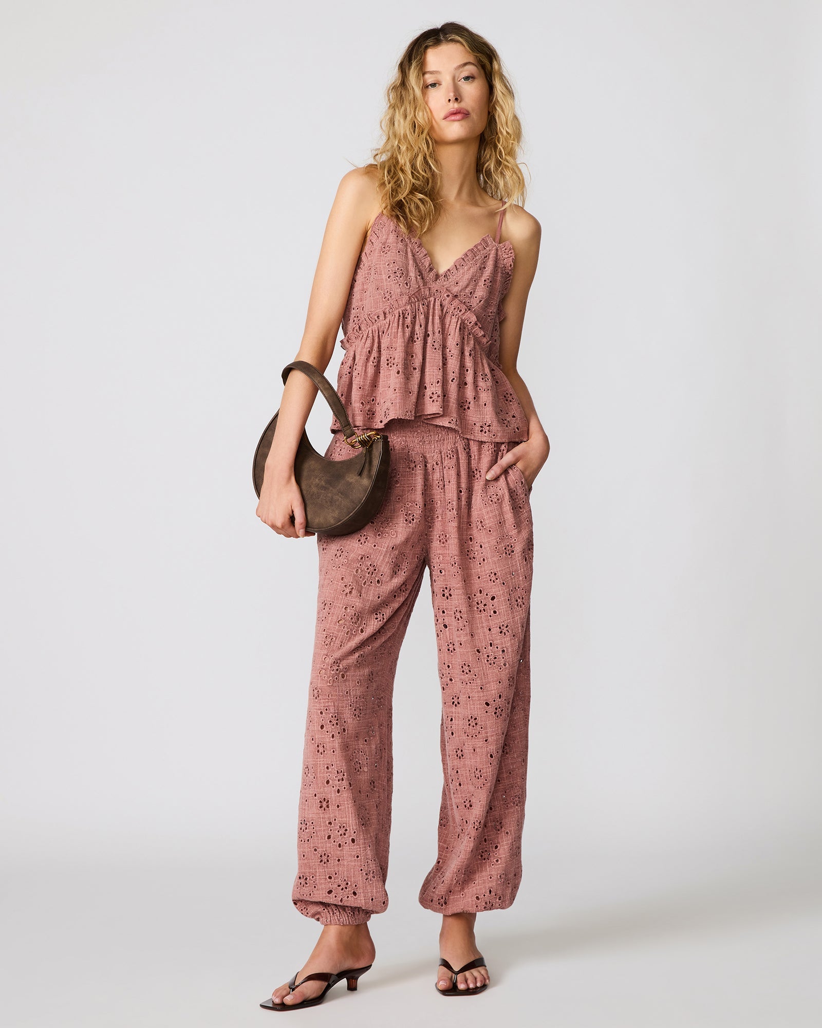 BRYNA Burnt Coral Eyelet Ruffle Sleeveless Women's Top | Steve Madden