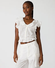 MAYRA White Button-Up Eyelet Ruffles Set Women's Top | Steve Madden