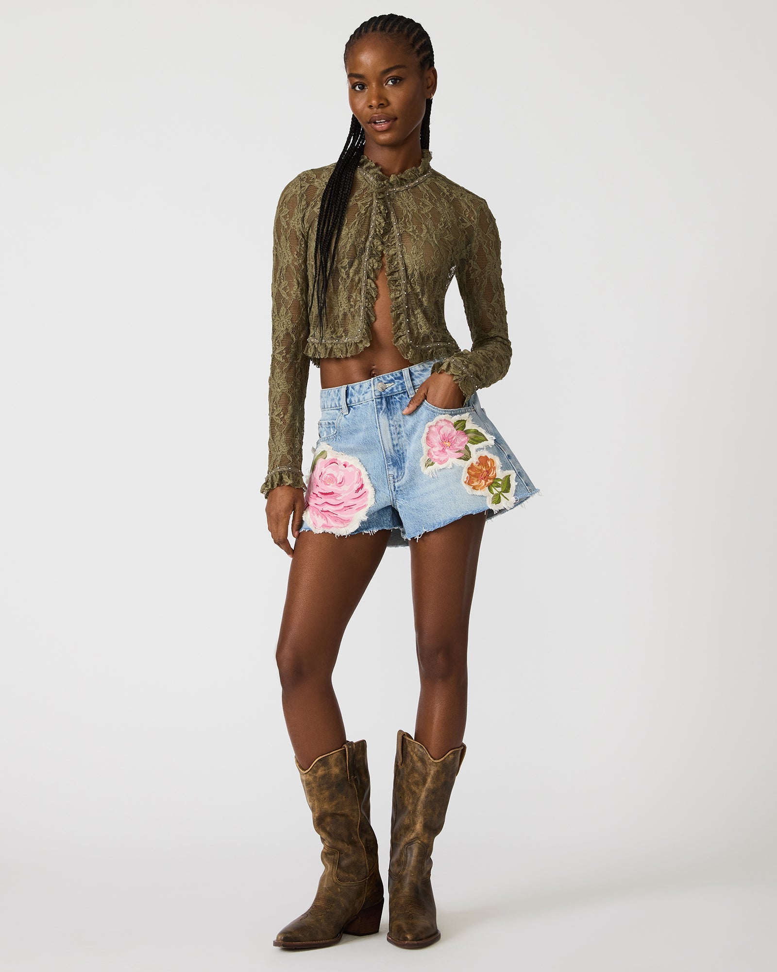 LINDEN Mountain Green Long Sleeve Lace Women's Top | Steve Madden