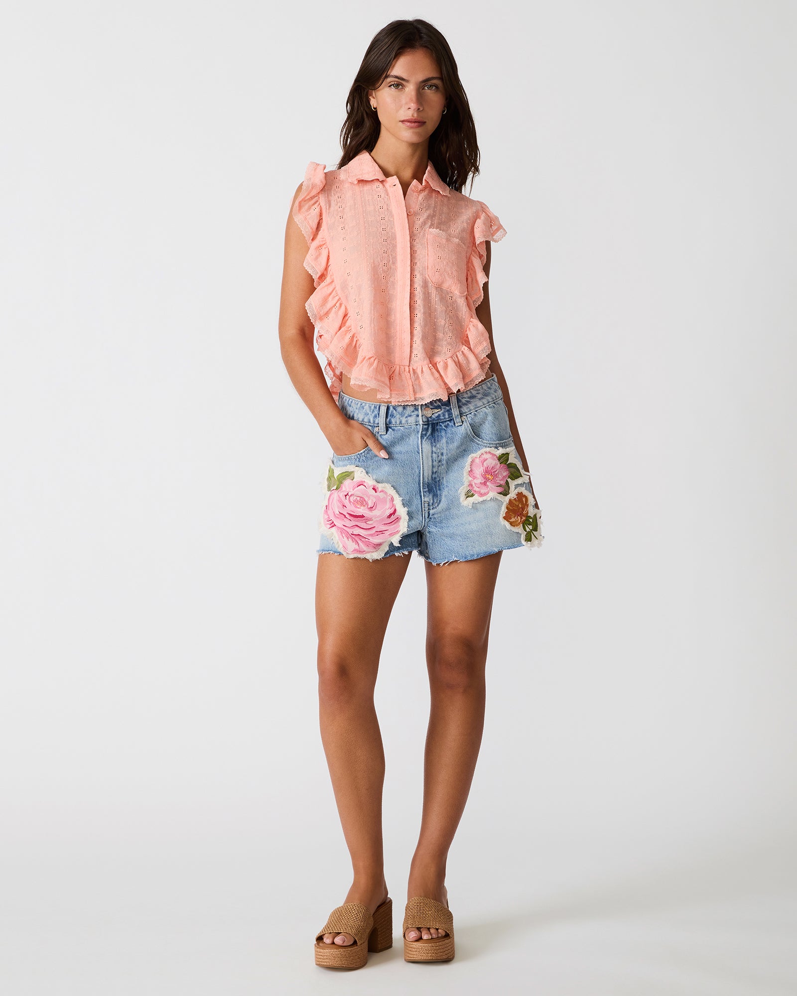 ADELINE Apricot Gelato Eyelet Button-Up Ruffles Women's Top | Steve Madden