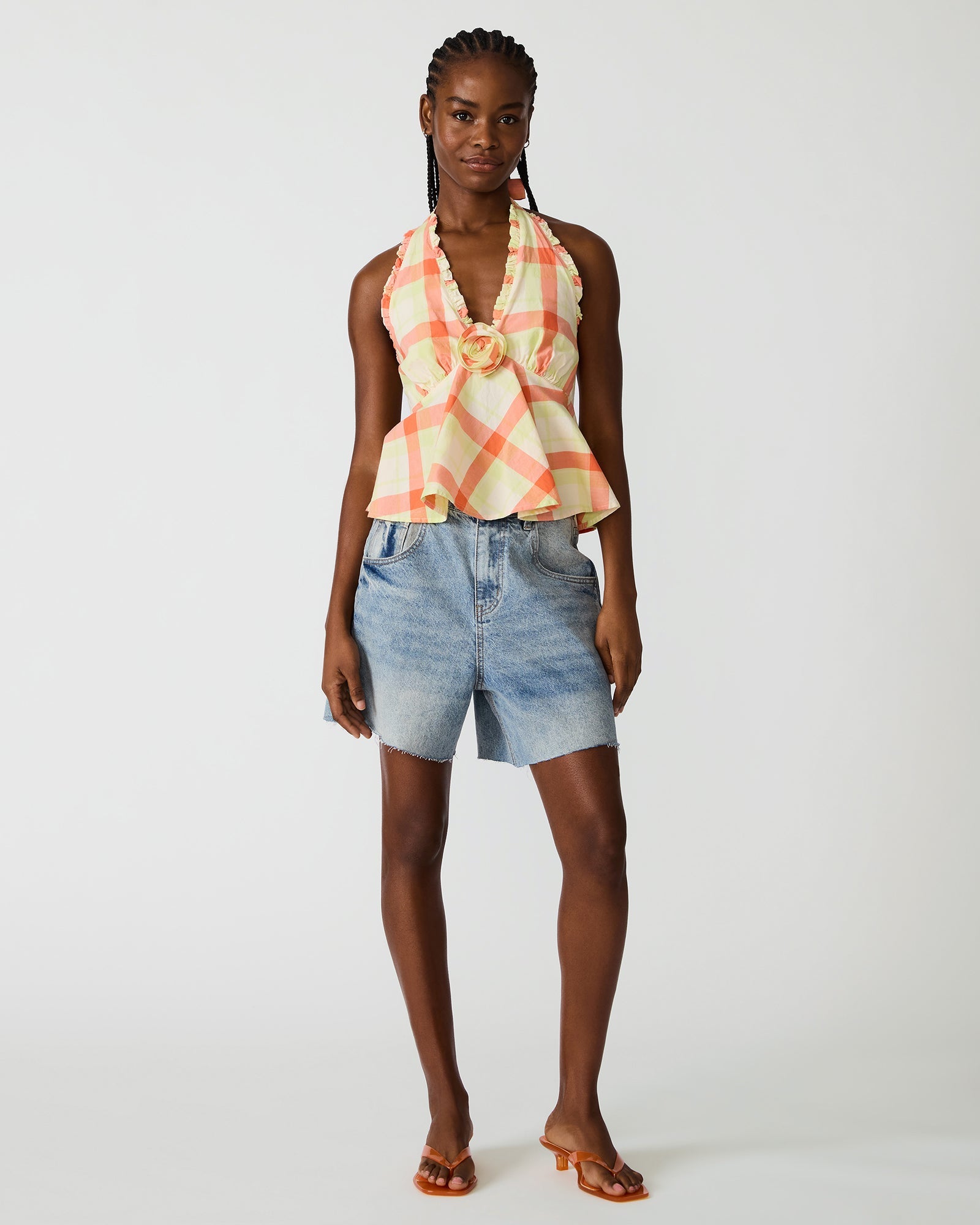 TANIA Plaid Halter Flower Ruffle Women's Top | Steve Madden