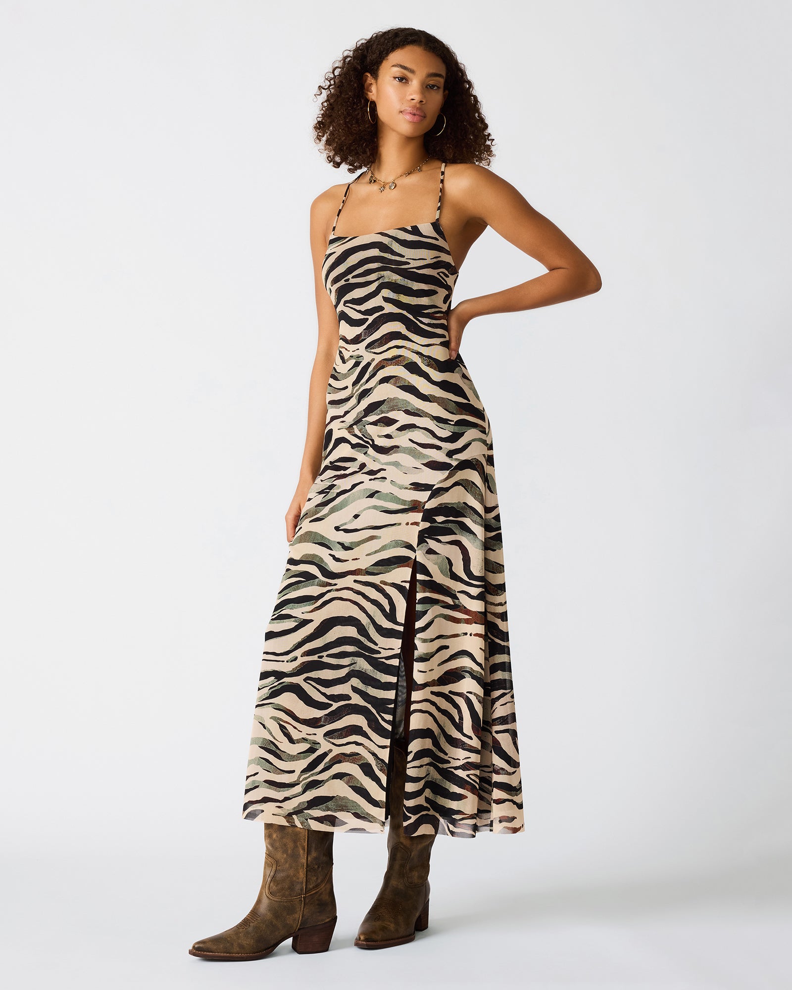 ADELLA Caramel Zebra Sleeveless Flowy Women's Maxi Dress | Steve Madden