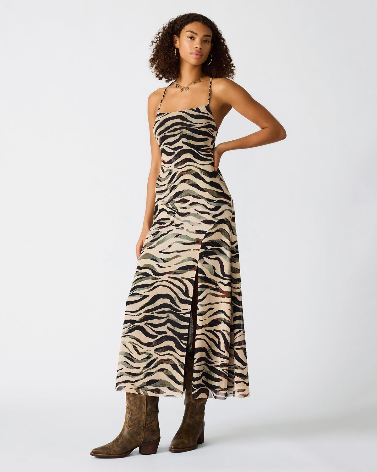 ADELLA Caramel Zebra Sleeveless Flowy Women's Maxi Dress | Steve Madden