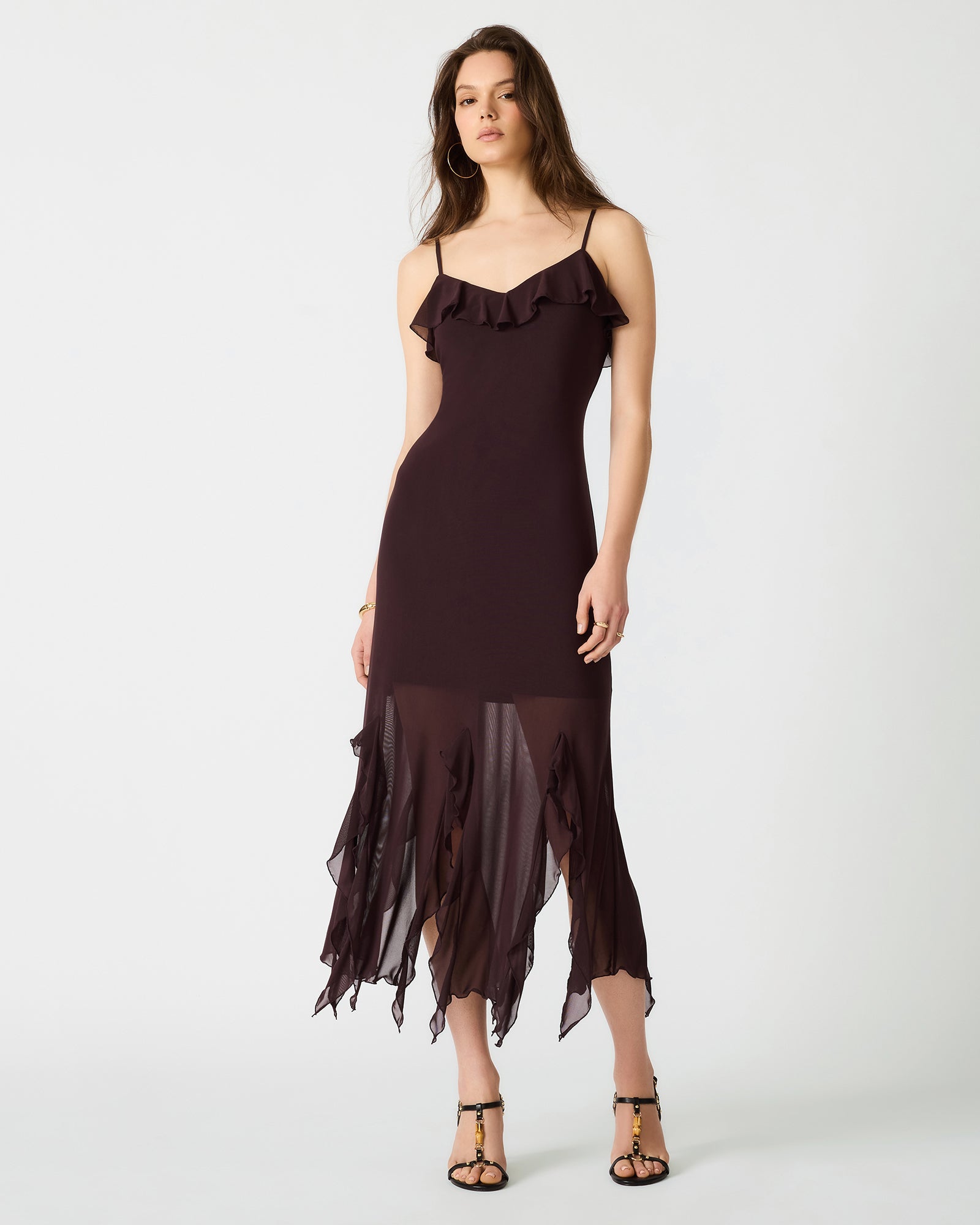 MARIANE Chocolate Sleeveless Ruffle Women's Midi Dress | Steve Madden