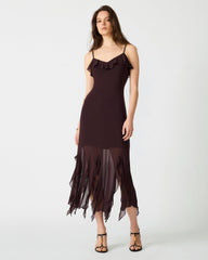 MARIANE Chocolate Sleeveless Ruffle Women's Midi Dress | Steve Madden