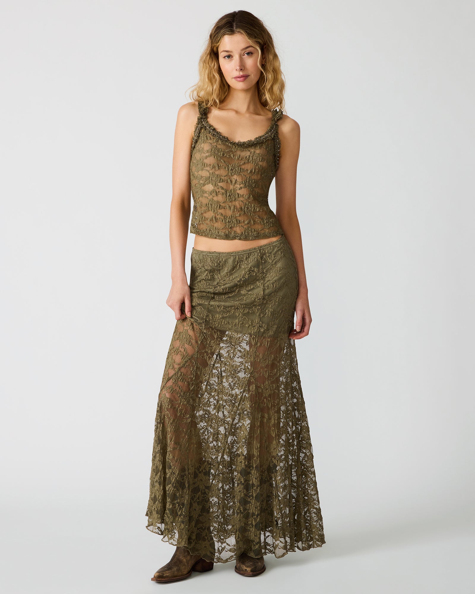 MIRABEL Mountain Green Lace Women's Maxi Skirt | Steve Madden