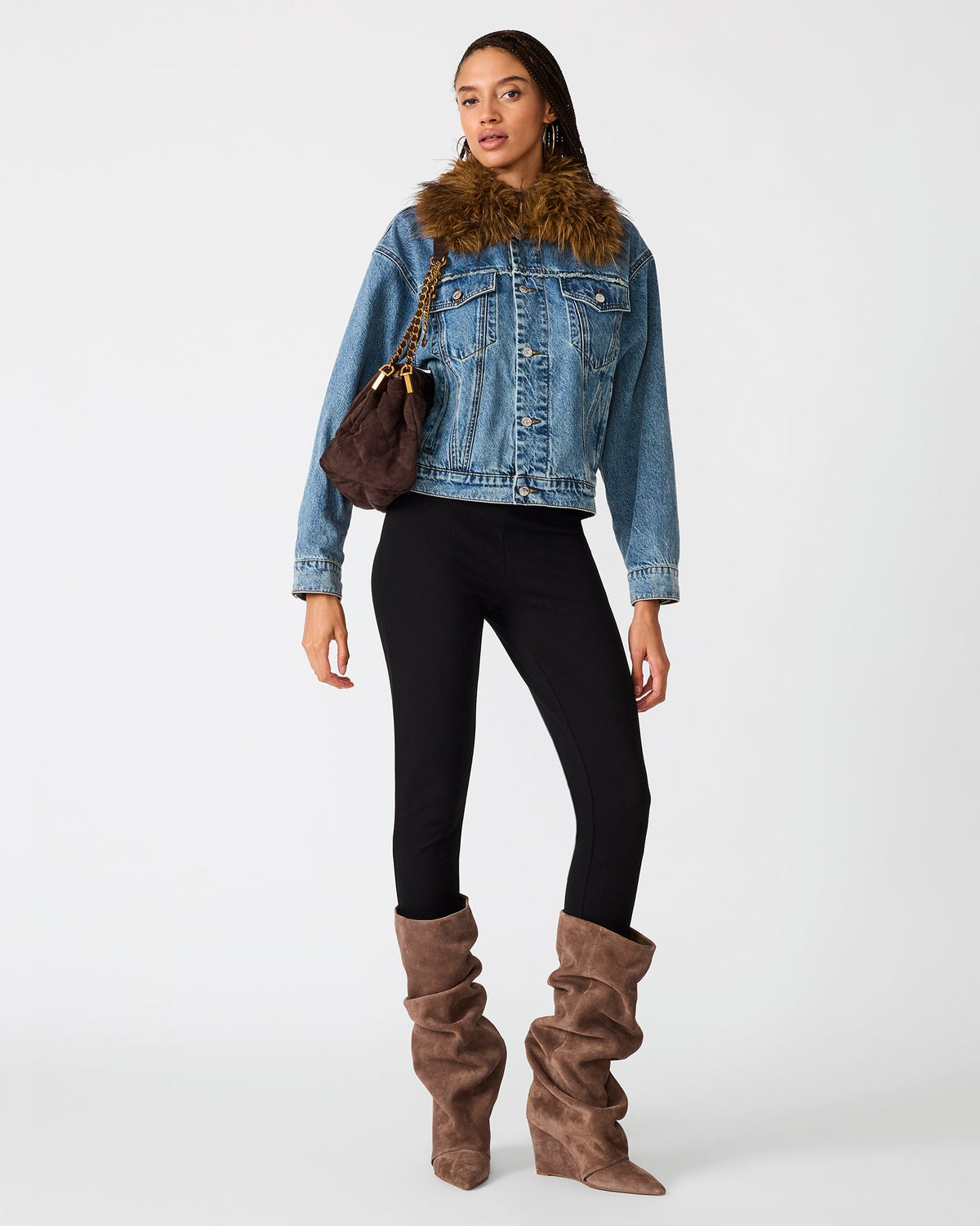 MARKY Imperial Blue Faux Fur Denim Button-Up Women's Jean Jacket | Steve Madden