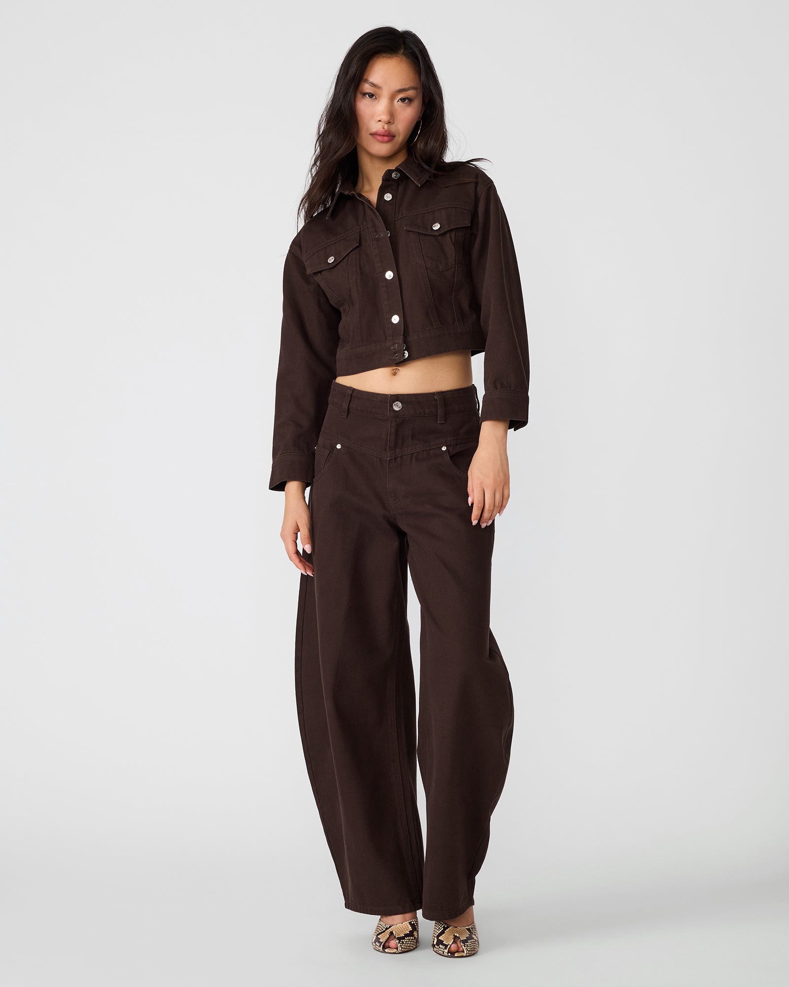 DOVE Espresso Button-Up Denim Set Women's Jean Jacket | Steve Madden