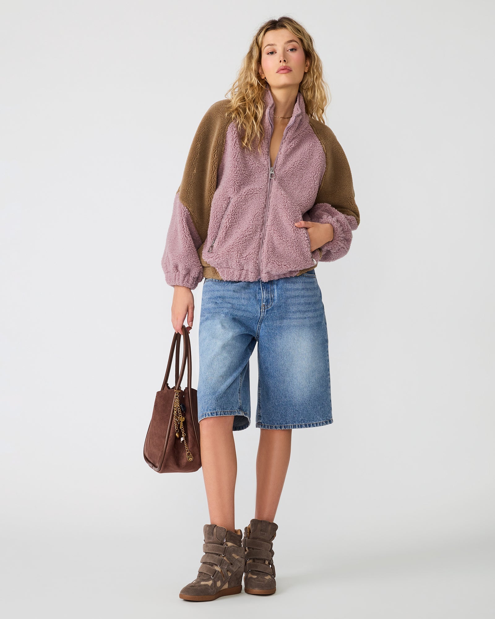 NINA Duberry Two-Tone Zip-Up Sherpa Women's Jacket | Steve Madden