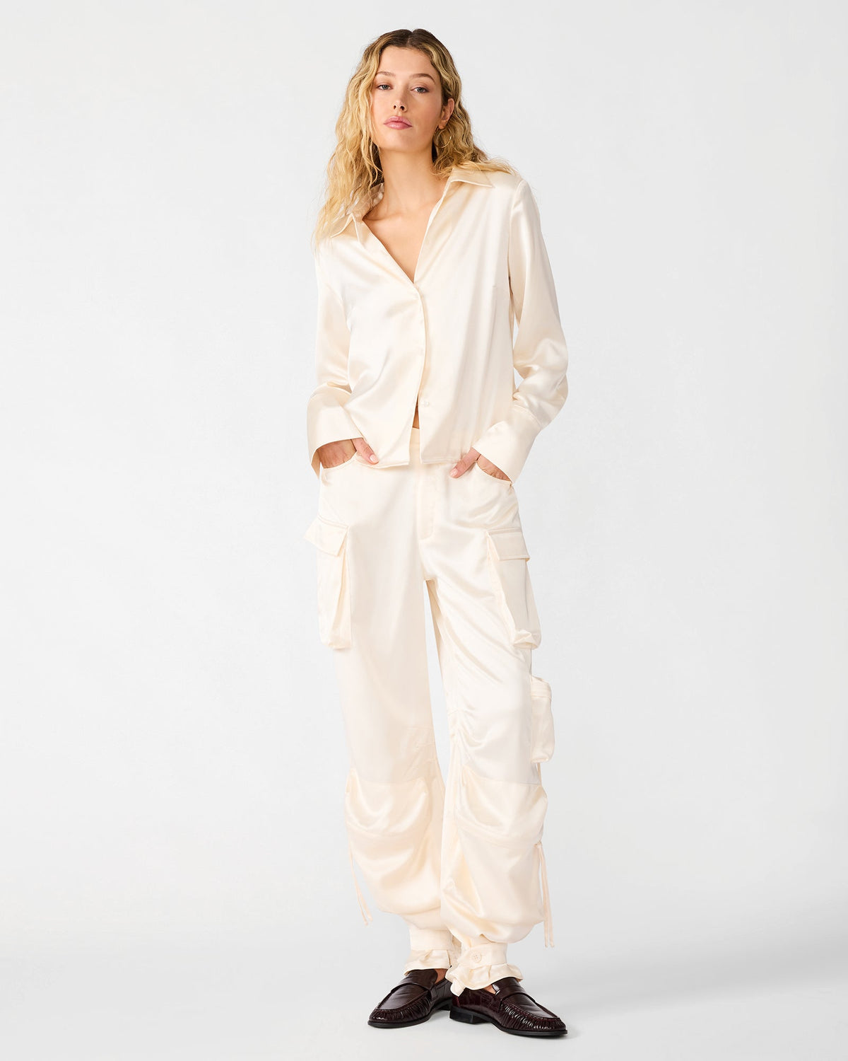 MARE Cream Slim Button Down Long Sleeve Women's Top | Steve Madden