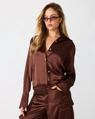 MARE Shaved Chocolate Button Down Long Sleeve Women's Top | Steve Madden