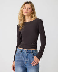 SELINE Dark Espresso Long Sleeve Scoop Neck Women's Top | Steve Madden
