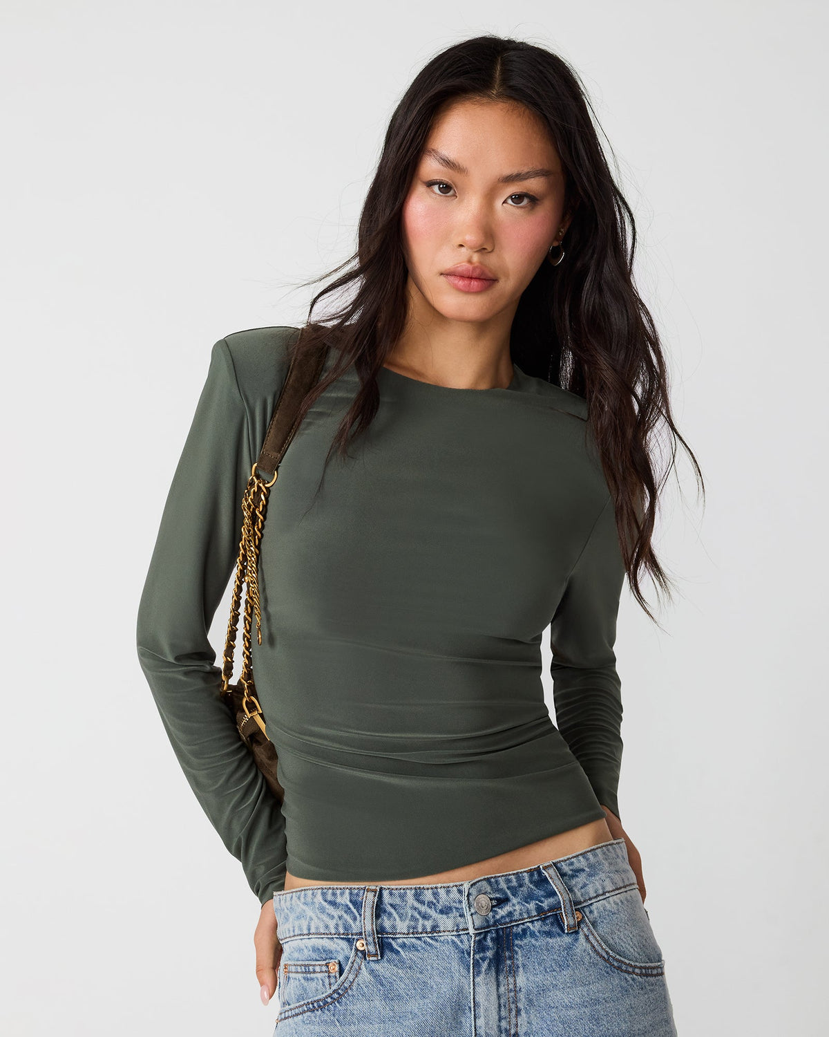 SELINE Dark Olive Long Sleeve Scoop Neck Women's Top | Steve Madden
