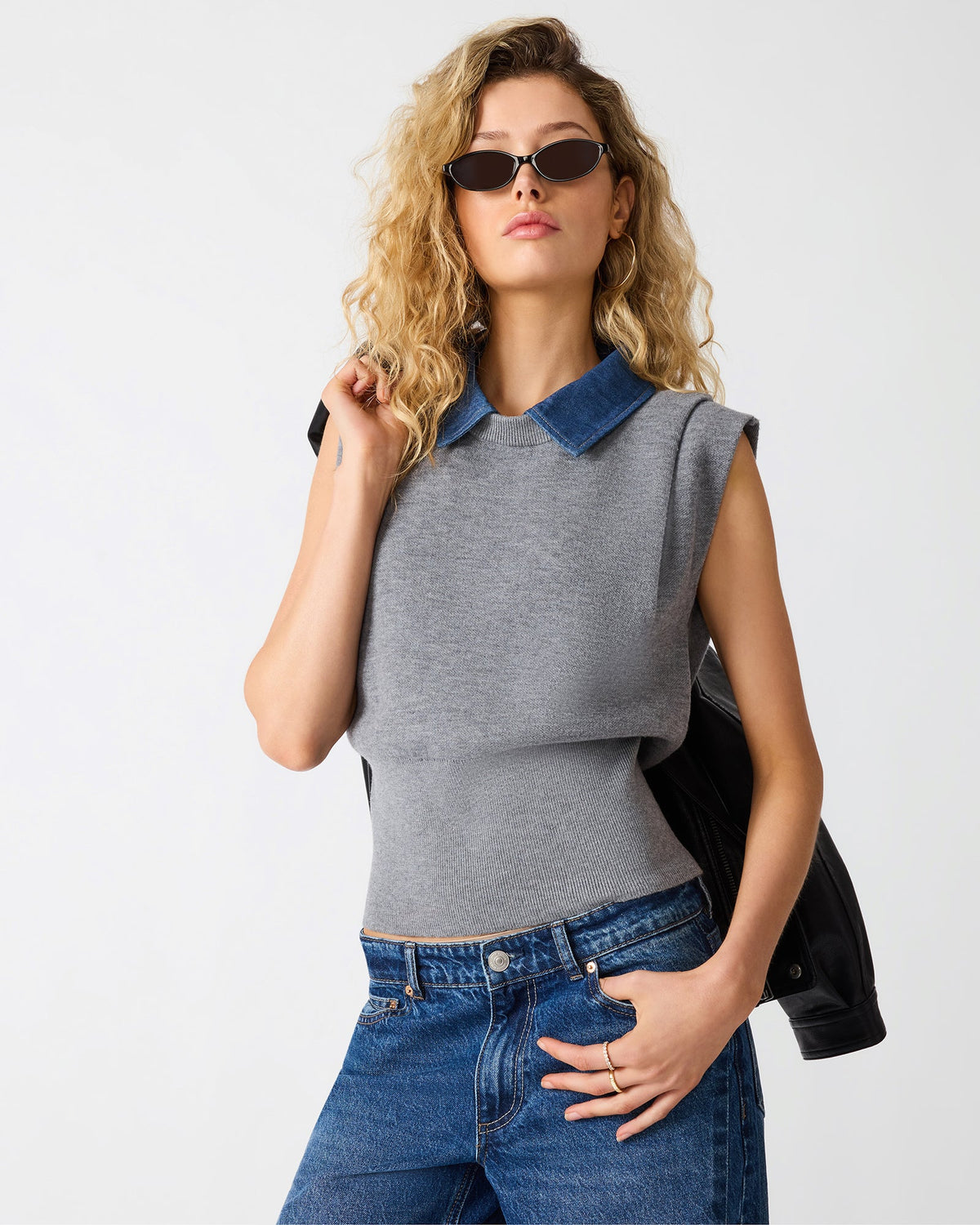 KELSON Charcoal Sleeveless Collared Women's Sweater Top | Steve Madden