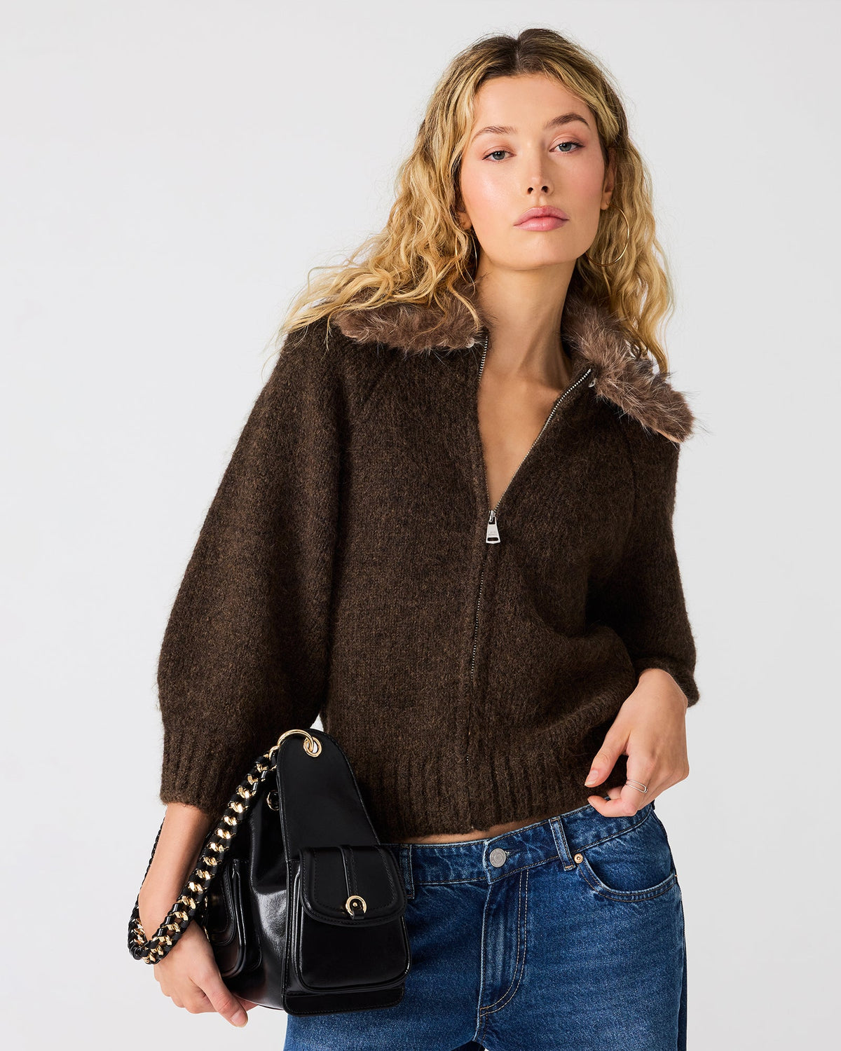 ODESSA Dark Espresso Knit Zip-Up Faux Fur Women's Sweater | Steve Madden