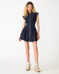 DYANNE Bijou Blue Denim Zip-Front Bubble-Hem Women's Mini Dress | Steve Madden