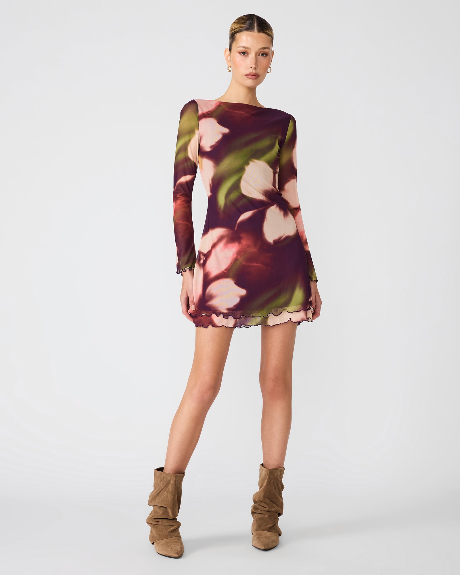 LARISA Blurry Floral Long Sleeve Open Back Women's Mini Dress | Steve Madden