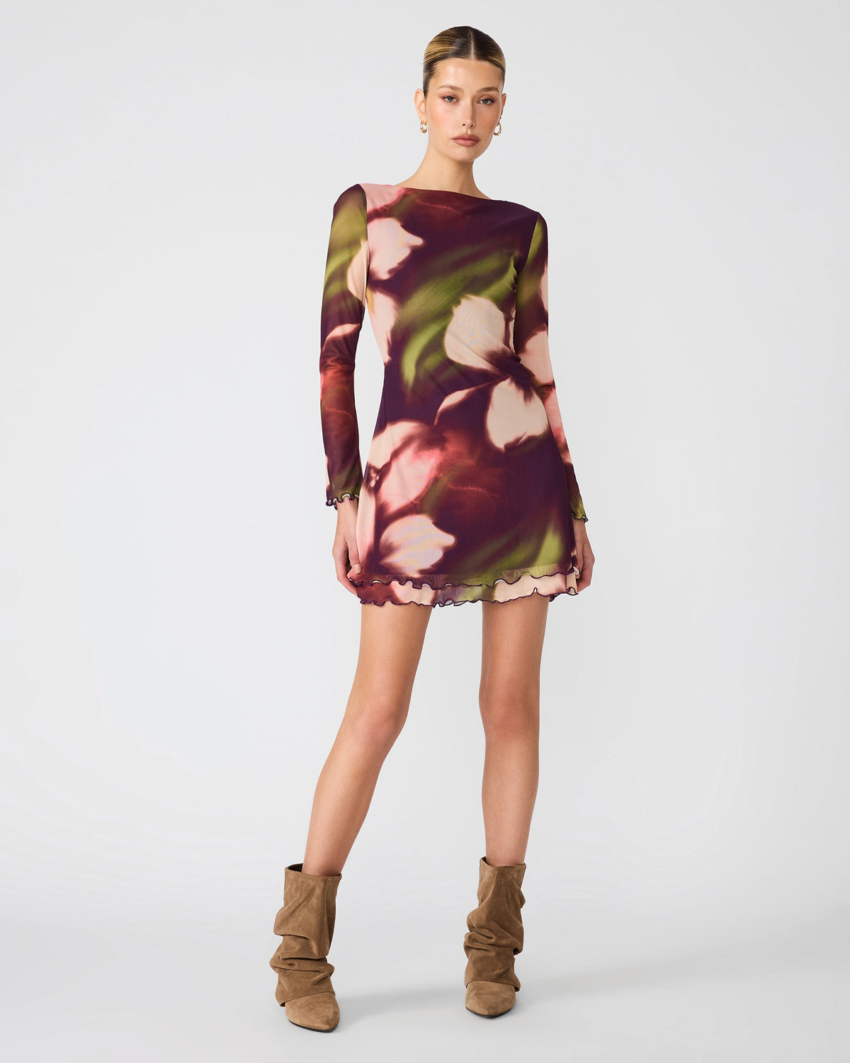 LARISA Blurry Floral Long Sleeve Open Back Women's Mini Dress | Steve Madden