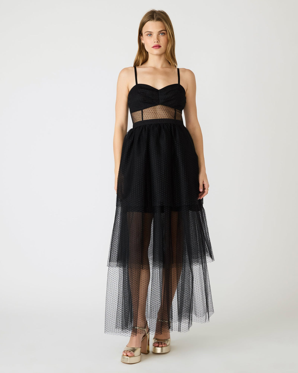 EMILY Black Tulle Tiered Sheer Maxi Women's Prom Dress | Steve Madden