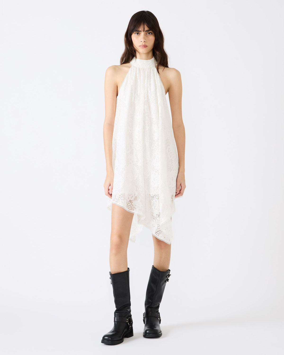 SANDER Cream Asymmetrical High-Neckline Lace Women's Mini Dress | Steve Madden