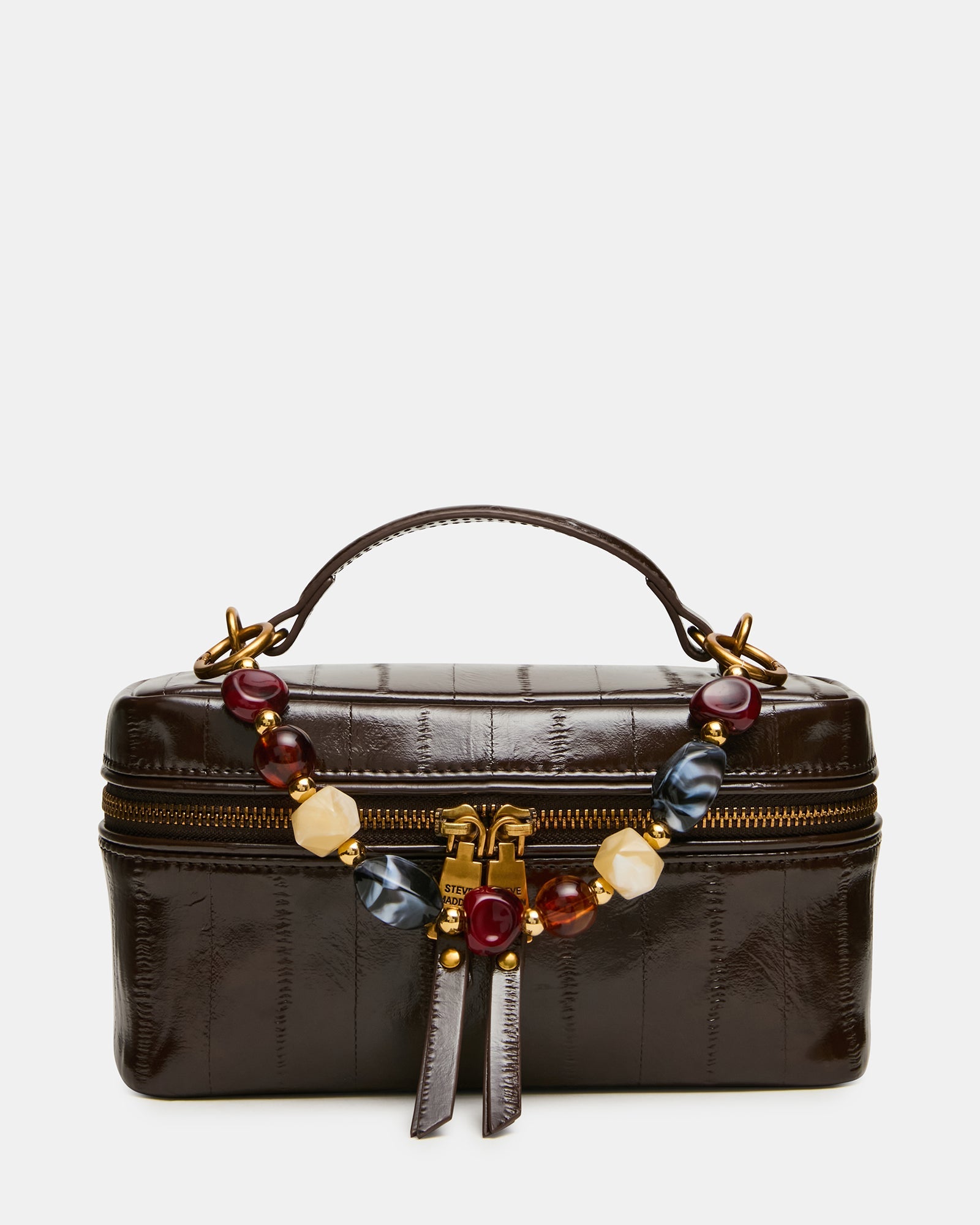 HERRA Brown Eel Beaded Top Handle Vanity Case Crossbody Handbag | Steve Madden