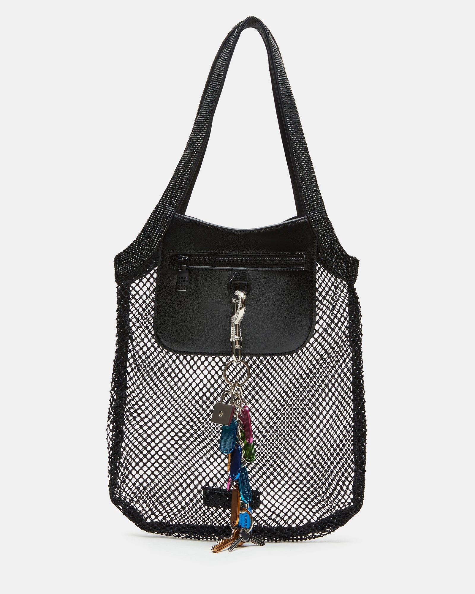 MAKIA Black Women's Crystal Rhinestone Shoulder Strap Net Tote Handbag | Steve Madden