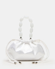 MARIELA White Satin Beaded Drawstring Crossbody Clutch Handbag | Steve Madden